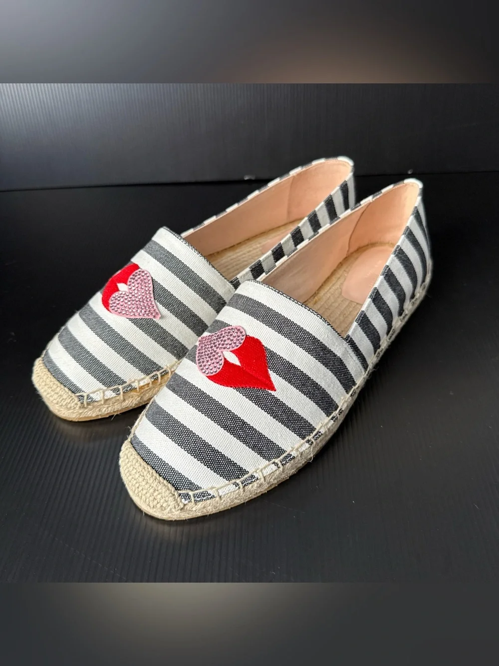 NIB Kate Spade Black White Gimlet Heart Lips Espadrille Shoes Women’s Size 9.5